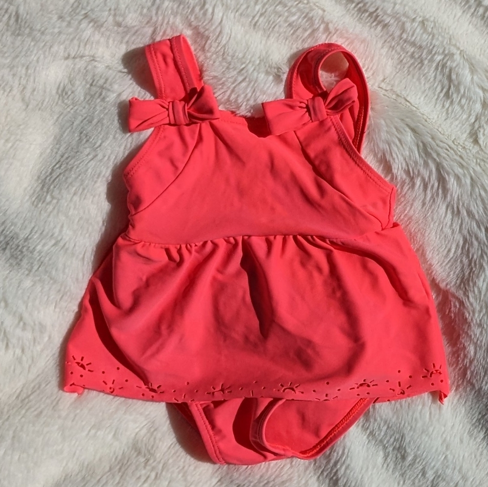 LILI GAUFRETTE Pink Bow Sunshine Ruffle Trim One-piece Swimsuit Infant 6m EUC